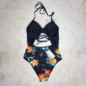 NWT Cupshe Black Floral Print Halter One Piece Swimsuit, Size Large